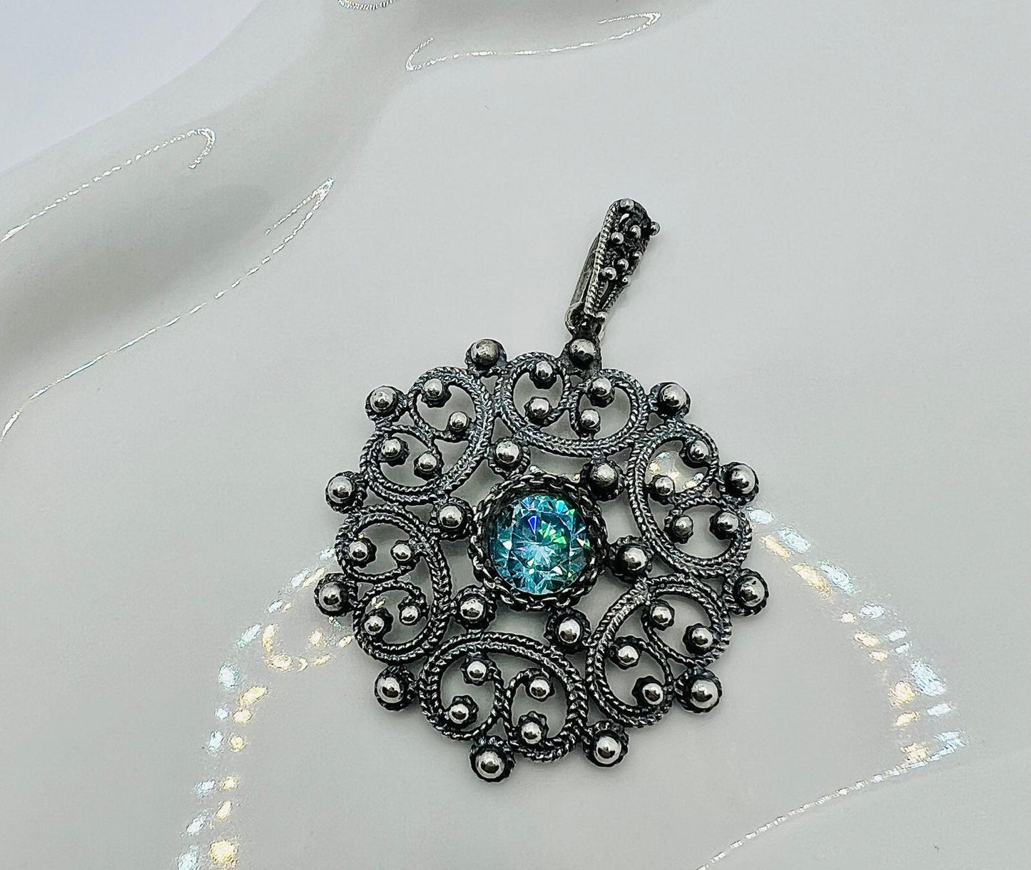 Vintage Aquamarin Edelstein Filigran 925 Silber Anhänger
