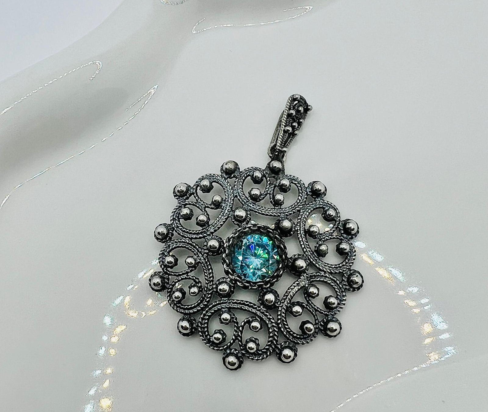 Vintage Aquamarin Edelstein Filigran 925 Silber Anhänger