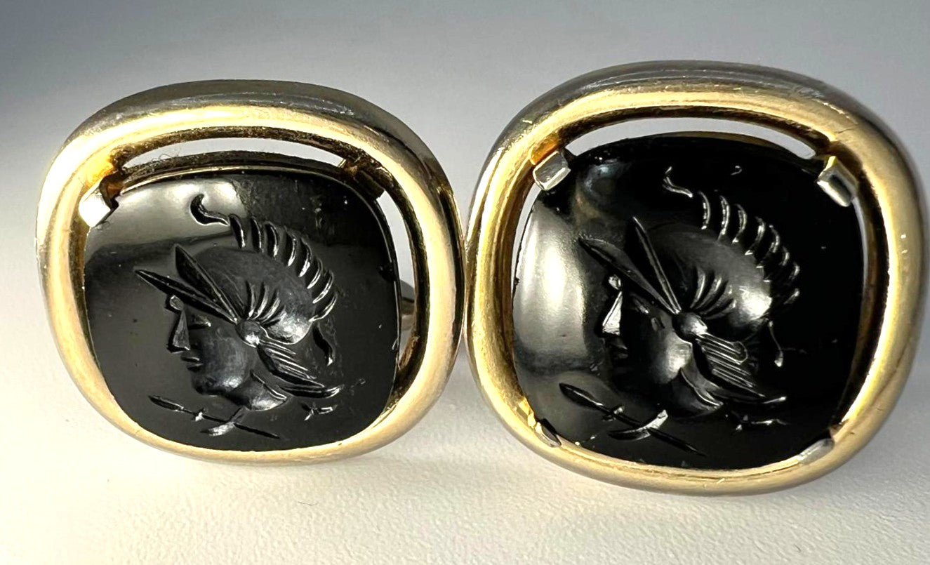Vintage cufflinks with onyx intaglio &amp; gold-plated setting – Ancient Warrior, signed Swank
