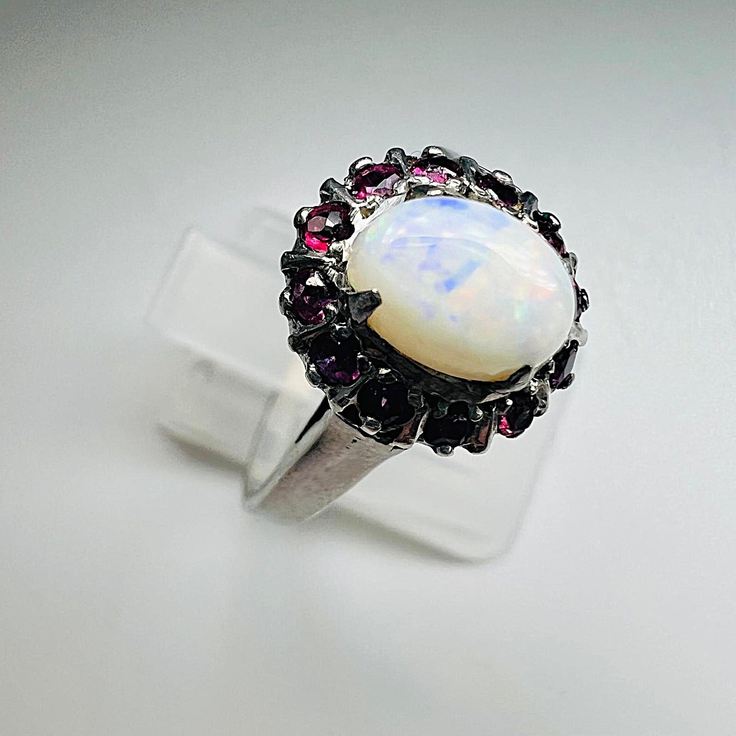 Vintage Silberring mit Opal & Granat | 925er Silber | Größe 8 | Unikat